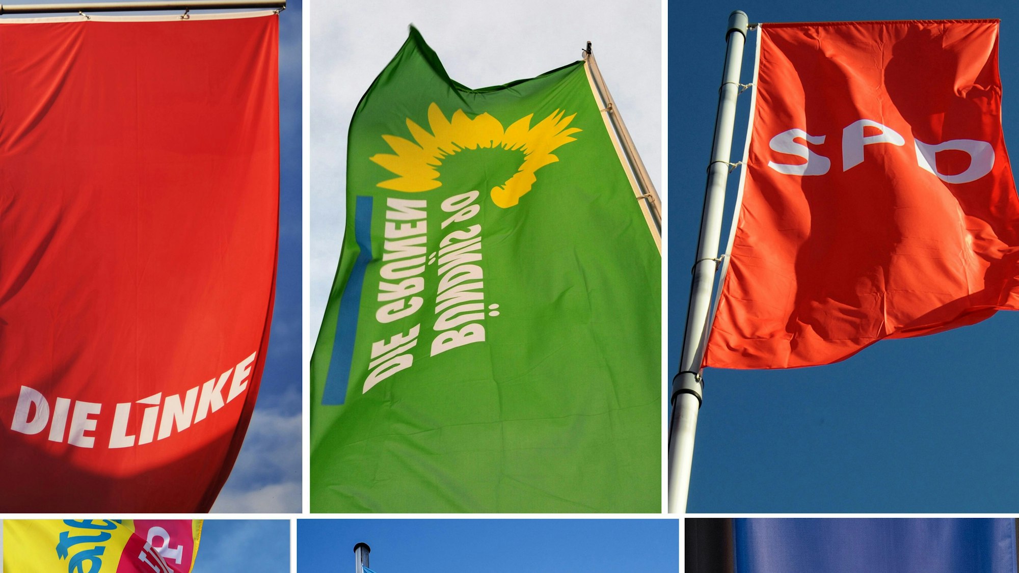 Fahnen der Parteien Die Linke (l-r), Bündnis90/Die Grünen, SPD, FDP, CDU und AfD.