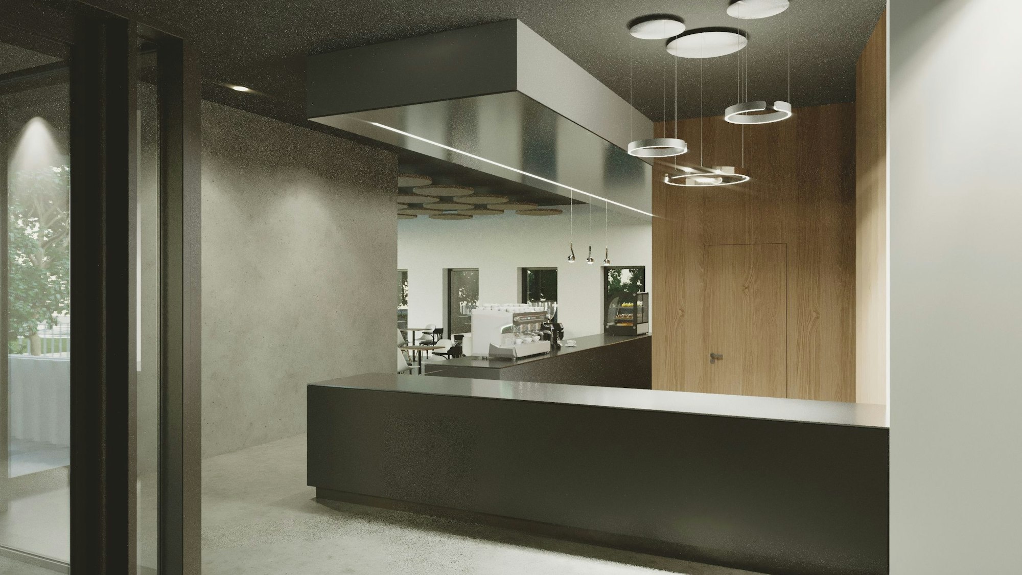 Im Eingangsbereich, so zeigt es die Visualisierung, ist eine Theke vorgesehen. Das Innere ist mit Stein und Holz gestaltet.