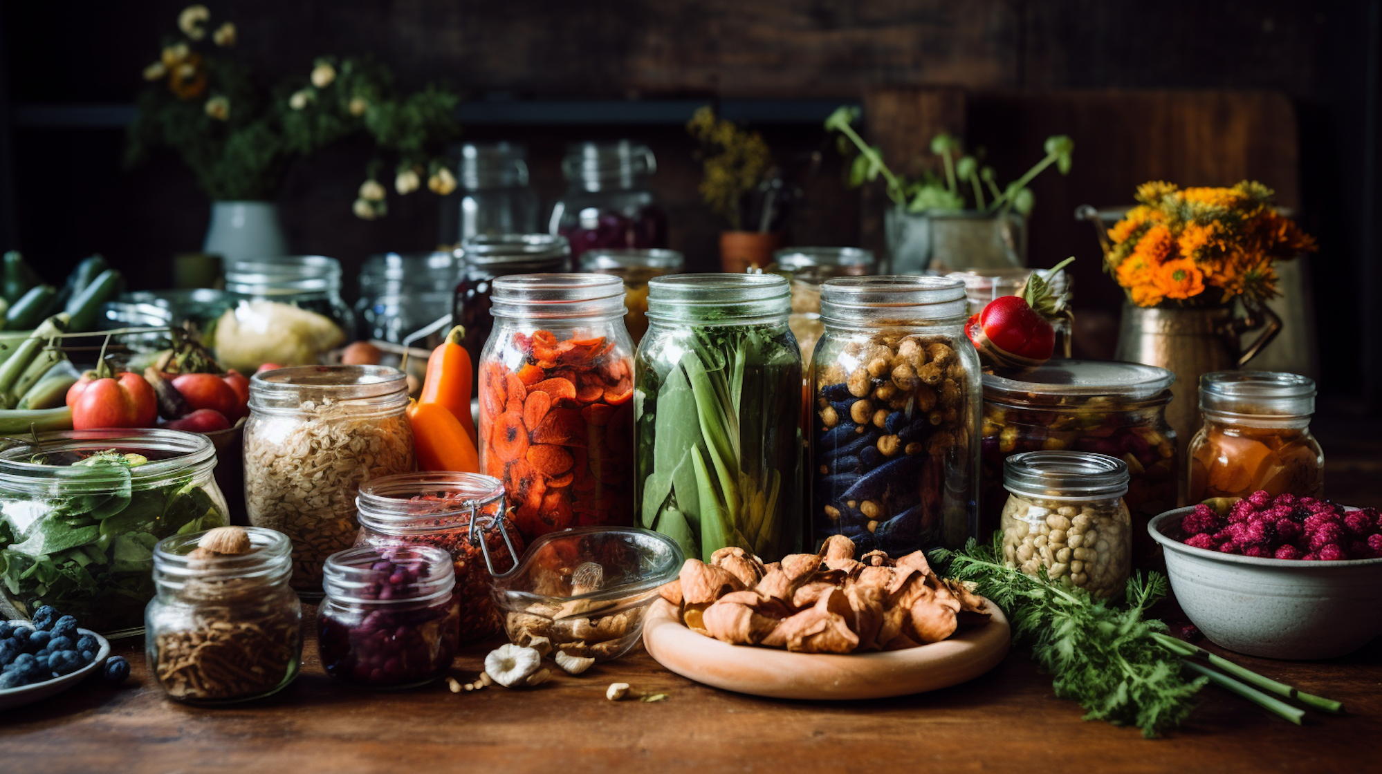 Fotorealistische Darstellung von Gemüse- und Getreidevorräten, Einmachgläsern sowie Blumen- und Kräutersträuße