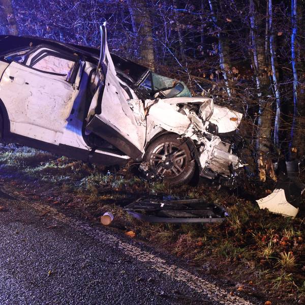 Ein total beschädigtes Auto steht vor einem Baum.