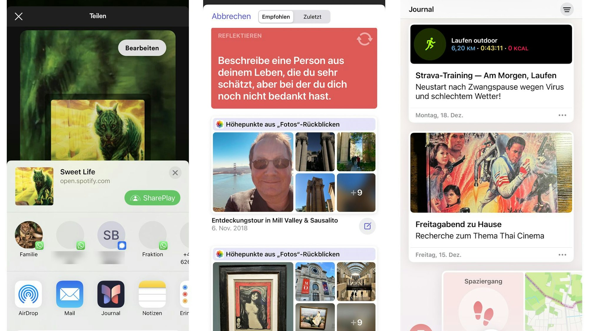 Verschiedene Ansichten der neuen Journal-App von Apple.