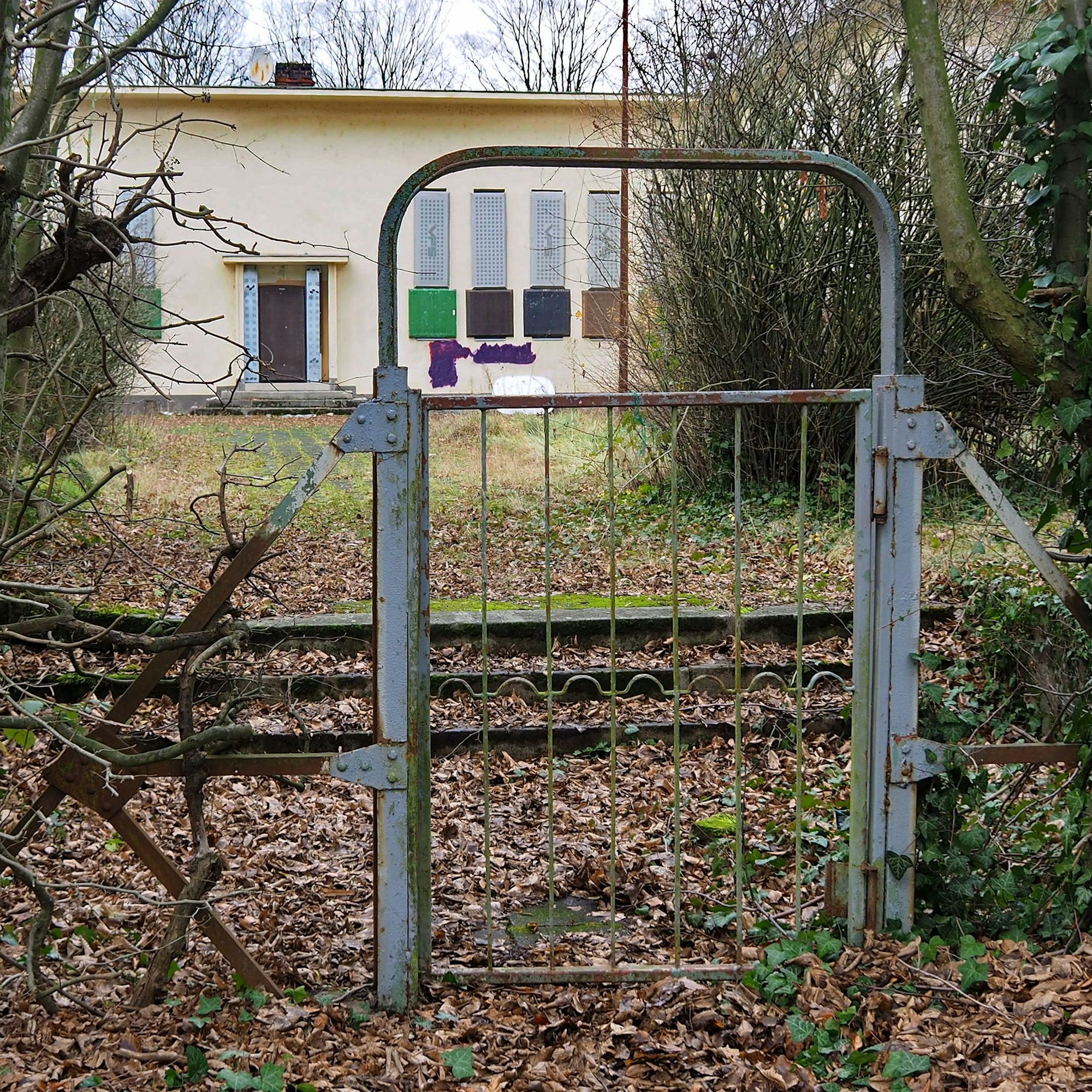 Um das alte Funkhaus herum liegt viel Laub.