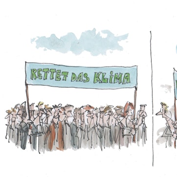 Eine Menschenmenge protestiert für die Klimarettung. Eine Demo, die daneben Verzicht fürs Klima fordert, ist verwaist.