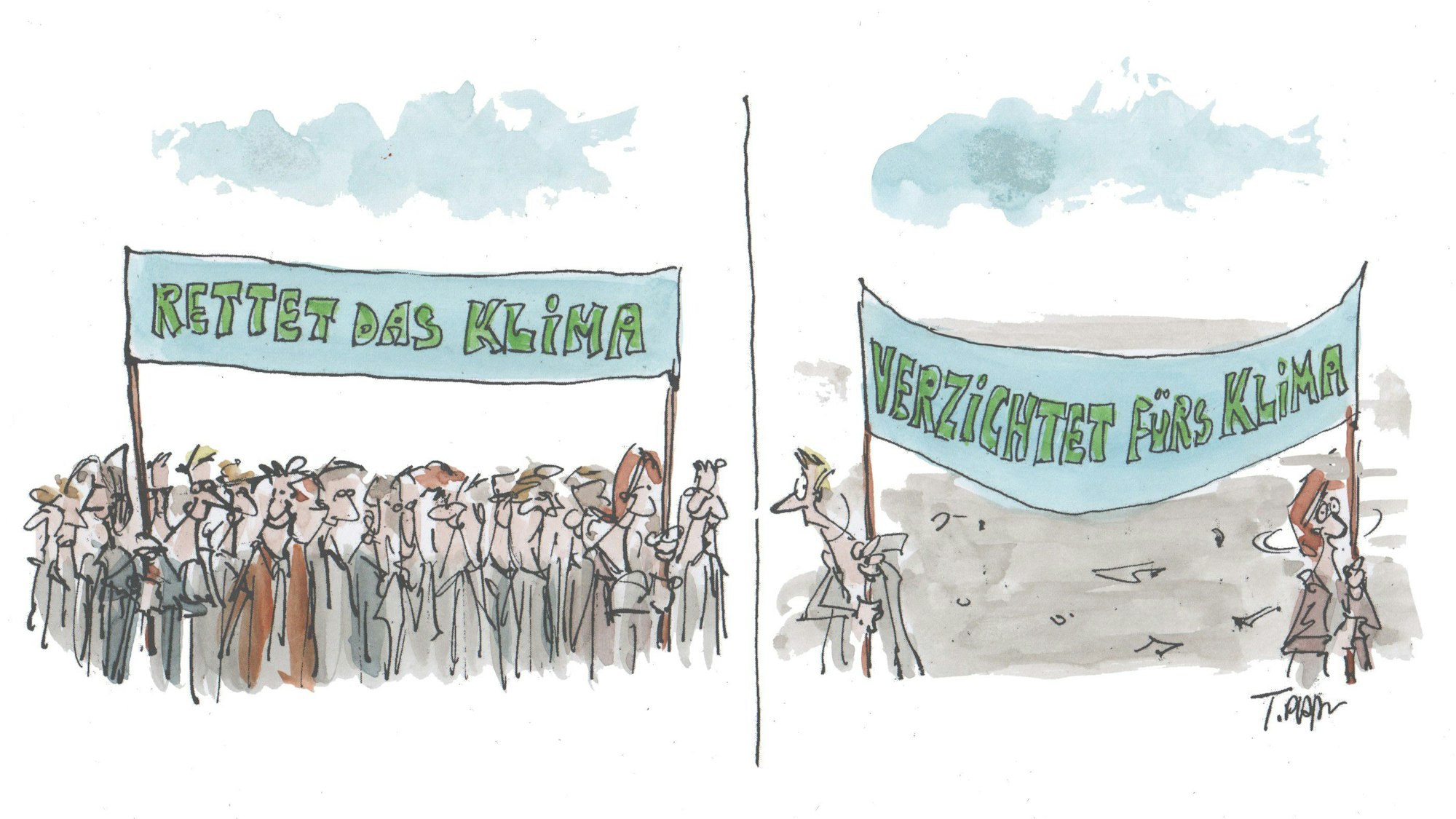 Eine Menschenmenge protestiert für die Klimarettung. Eine Demo, die daneben Verzicht fürs Klima fordert, ist verwaist.