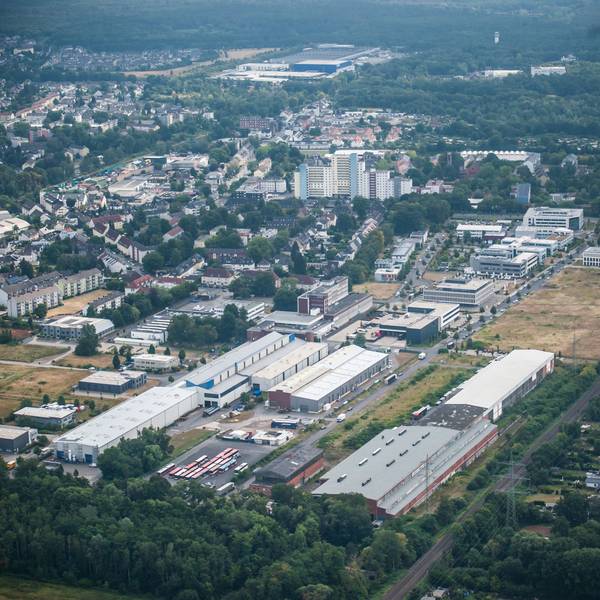Luftbild von Manfort, im Vordergrund der Innovationspark.