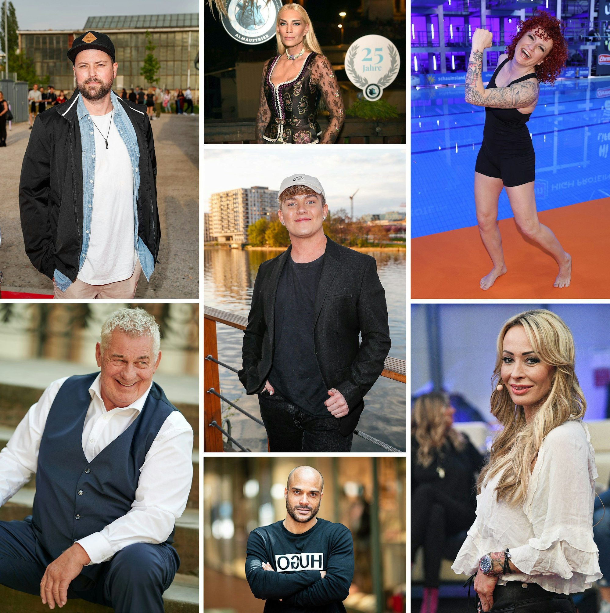 Diese sieben Promis sind bei IBES 2024 dabei: Schauspieler Felix von Jascheroff ( oben, l), Schauspieler Heinz Hoenig (unten, l), Designerin Sarah Kern (Mitte, oben), Influencer twenty4tim (M), David Odonkor (Mitte, unten), Lucy Diakovska (oben, r) und Cora Schumacher. (Archivfotos)