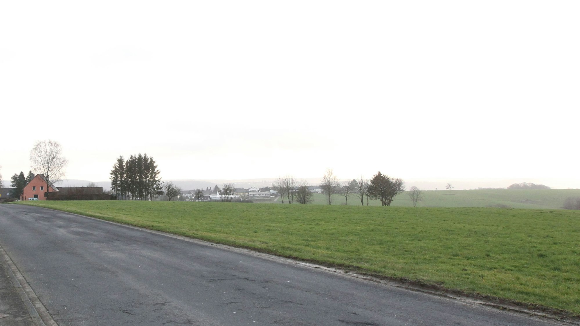 Ein Weg. Rechts ein Feld. Am Ende des Weges ein Haus. Ein paar Bäume auf dem Feld.
