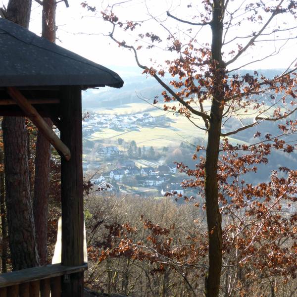 Im Vordergrund ist eine Waldhütte zu sehen. Im Hintergrund erstreckt sich ein mit Häusern gesprenkeltes Tal.