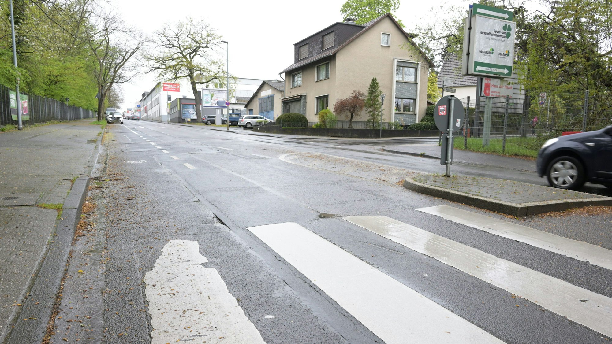 Zu sehen sind Straßenschäden an einem Zebrastreifen sowie Bordsteinen.