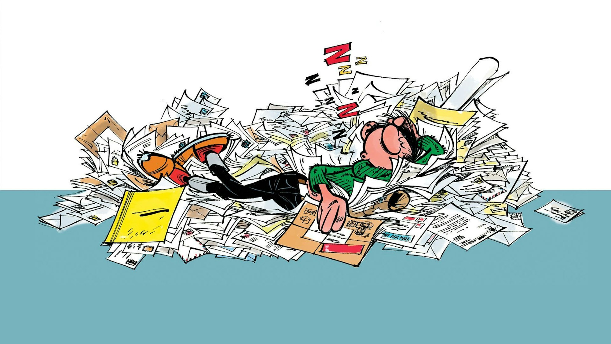 André Franquins Bürobote Gaston Lagaffe schläft auf einem Berg von Leserpost.