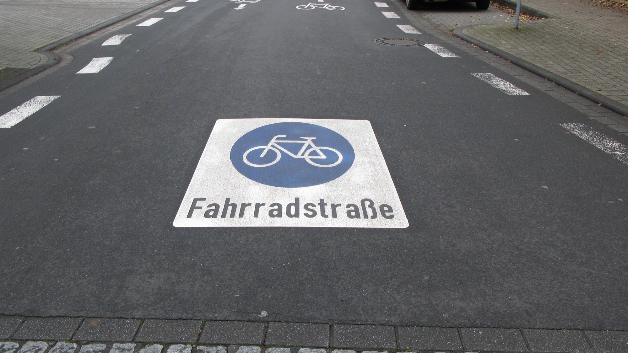 Das Piktogramm zeigt ein weißes Rechteck. Eingefügt ist ein blauer Kreis, darin ein weißes Fahrrad, darunter steht der Schriftzug „Fahrradstraße“.
