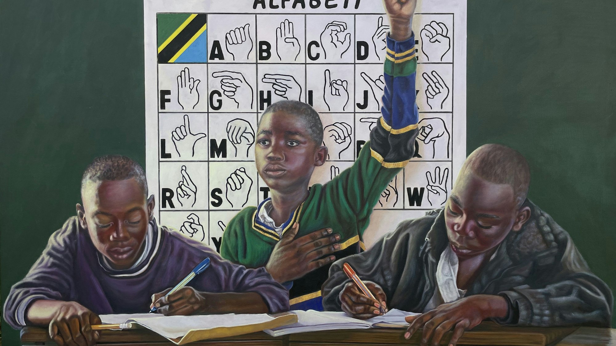 Ein Öl-Bild von Seona Sommer zeigt Kinder beim Lernen.