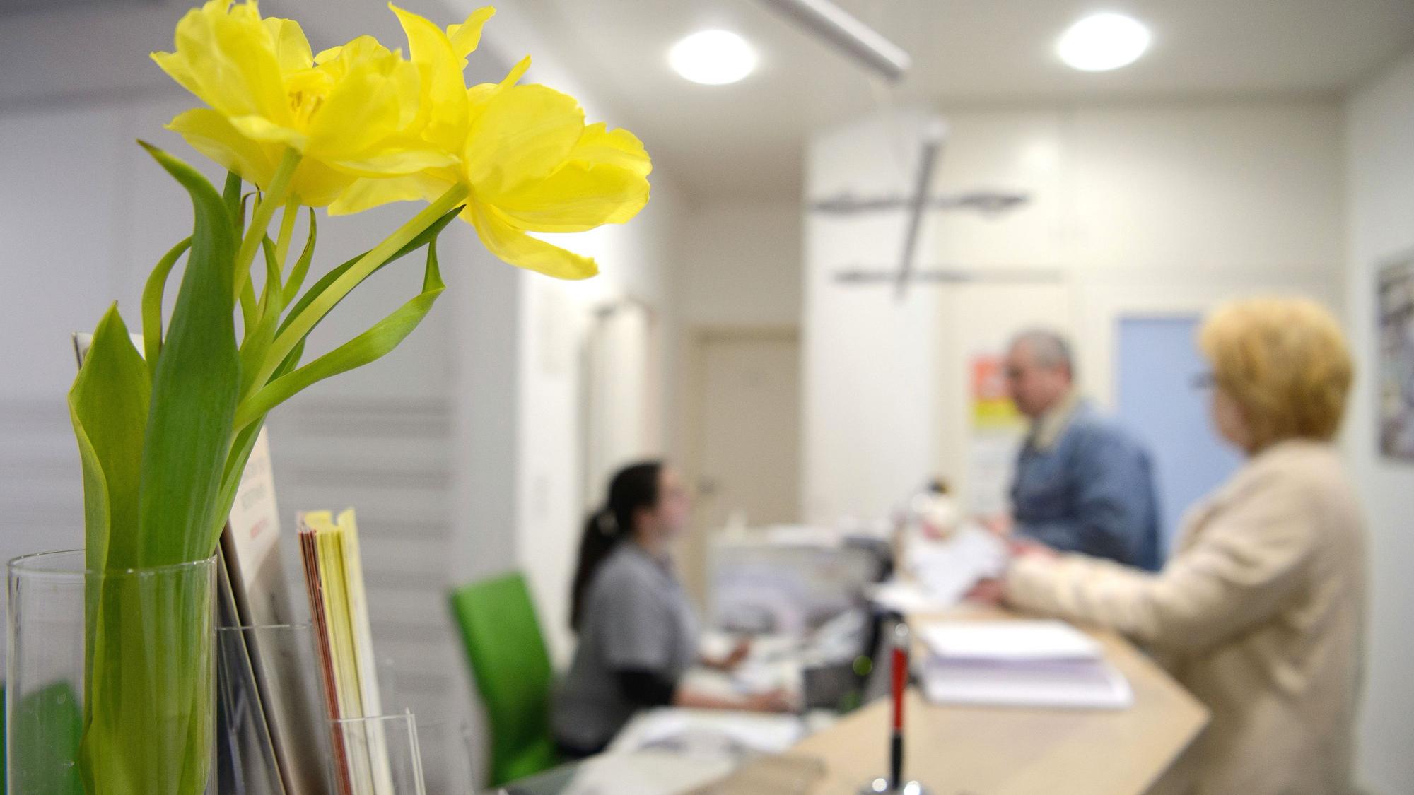 Blumen stehen am Empfang einer Arztpraxis in der Landeshauptstadt von Baden-Württemberg, Stuttgart.