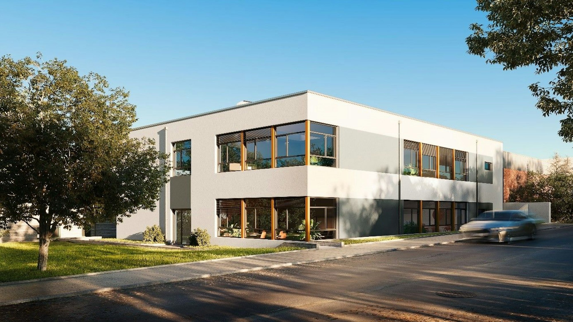 Die Visualisierung zeigt das zweistöckige Gebäude mit weißen und grauen Anstrich sowie Holzrahmen um die Fenster.