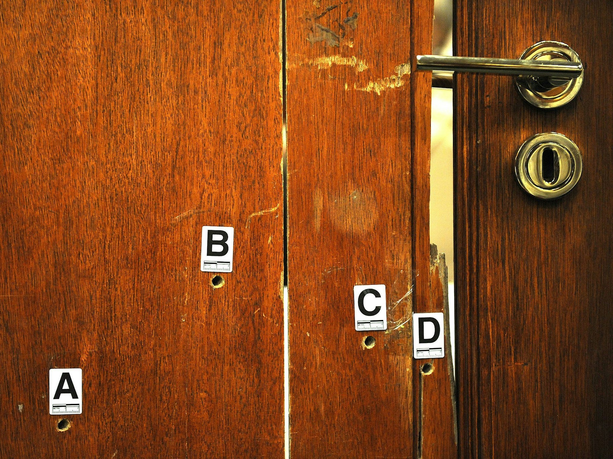 Einschusslöcher in der Badezimmertür, durch die Reeva Steenkamp erschossen wurde.