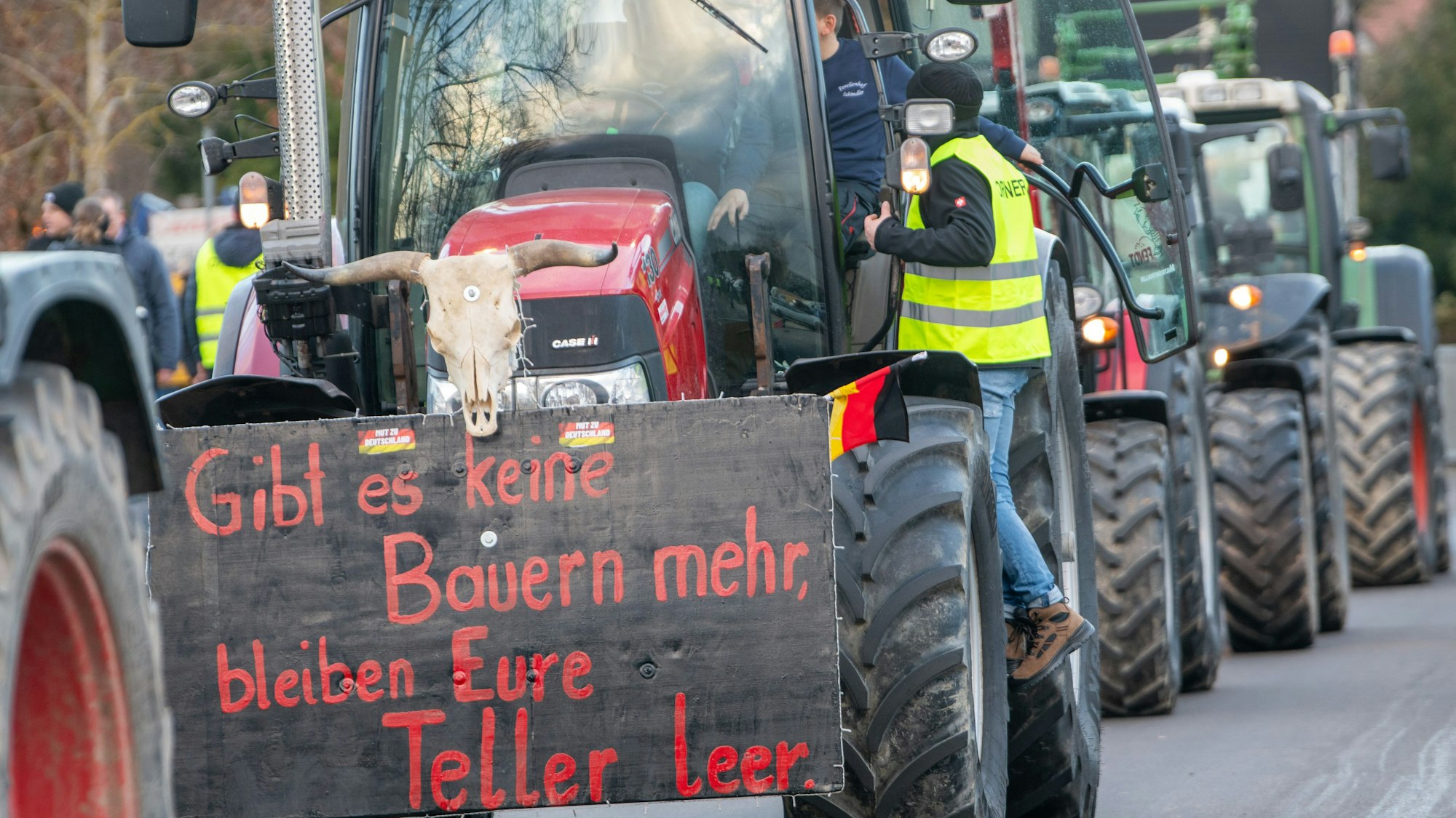 Der Schädel eines toten Rindes samt eines Plakats mit der Aufschrift "Gibt es keine Bauern mehr, bleiben eure Teller leer" sind bei einer Kundgebung des Bauernverbandes gegen die Sparpläne der Bundesregierung an einem Traktor angebracht. Mit mehr als 500 Traktoren demonstrierten Landwirte aus Nordschwaben und Ost-Württemberg. +++ dpa-Bildfunk +++
