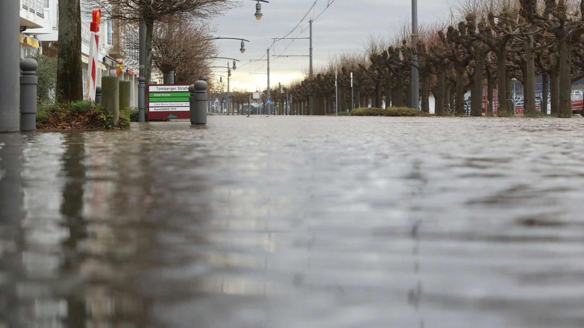 Eine große Wasserfläche auf der Fahrbahn, rechts stehen die Alleebäume der Rheinpromenade Königswinter.