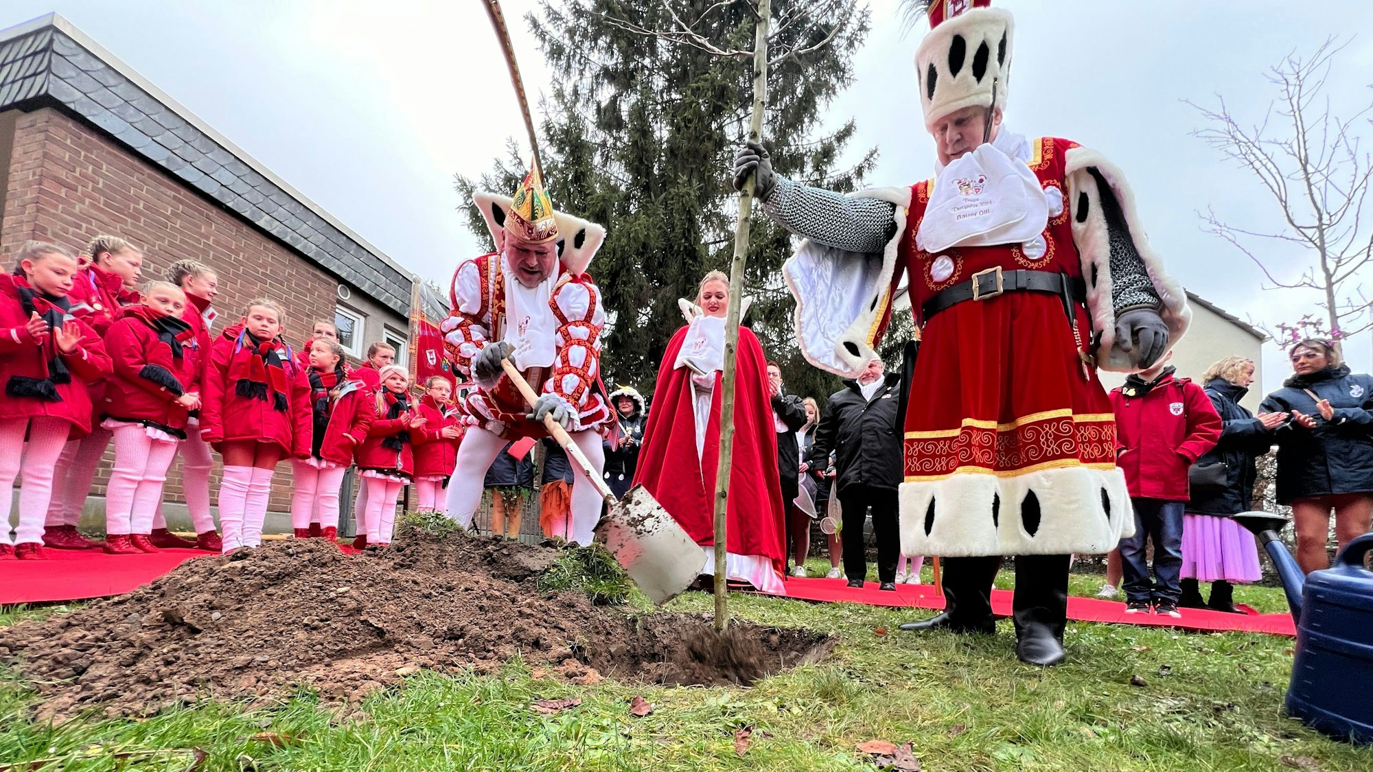 Das Porzer Dreigestirn pflanzt einen Baum.