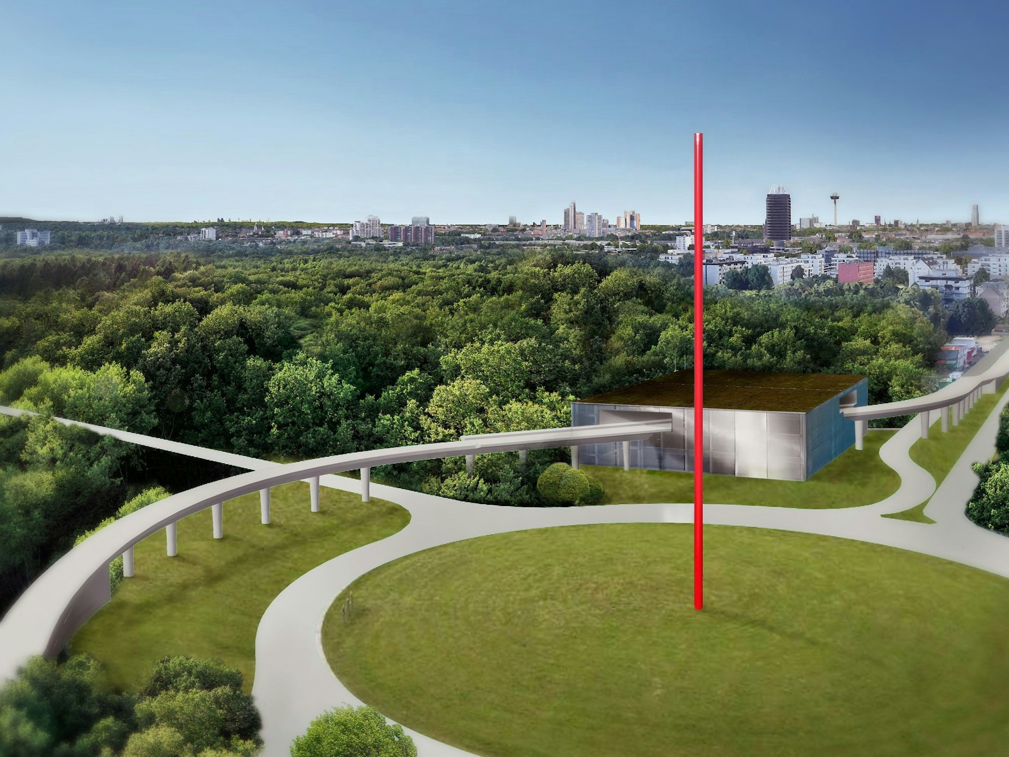 Eine Simulation zeigt den Kölner Verteilerkreis mit einer roten Stele in der Mitte.