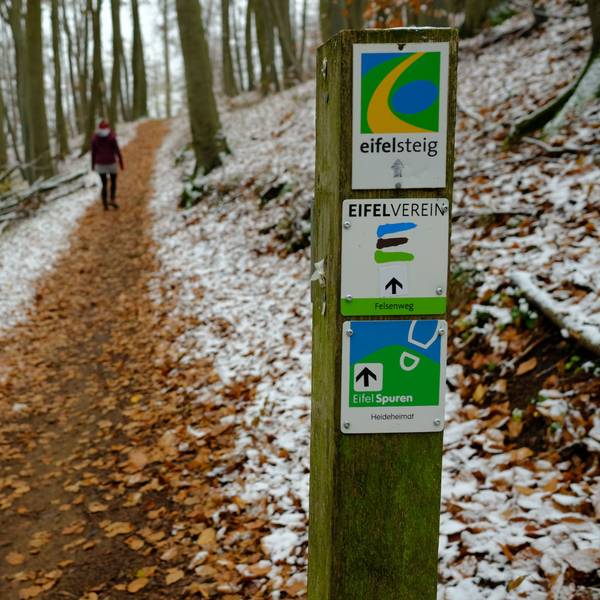 Ein schmaler Wanderweg in einem Wald in der Eifel ist von Laub bedeckt. Neben dem Weg liegt ein wenig Schnee.