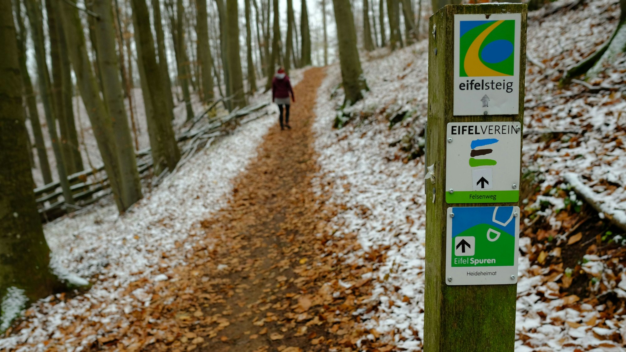 Ein schmaler Wanderweg in einem Wald in der Eifel ist von Laub bedeckt. Neben dem Weg liegt ein wenig Schnee.