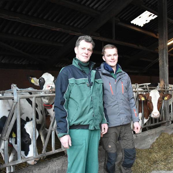 Ein Mann und sein Sohn stehen in einem Stall. Im Hintergrund sind mehrere Kühe zu sehen.