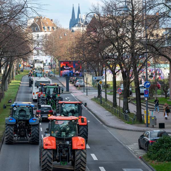 Traktoren fahren eine Straße in Köln entlang, im Hintergrund ist der Dom zu sehen.