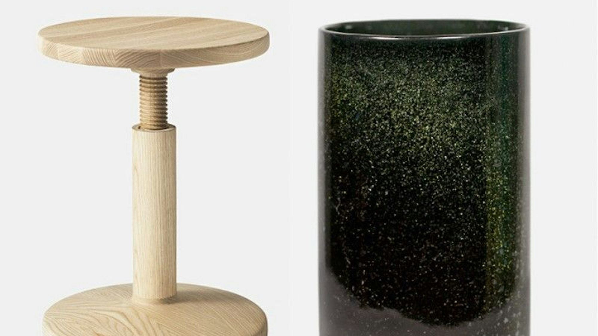 Karoline Fesser zeigt im Rahmen der Passagen 2024 in der Brüsselerstraße ihren hölzernen Hocker im Zusammenspiel mit Keramikvasen.