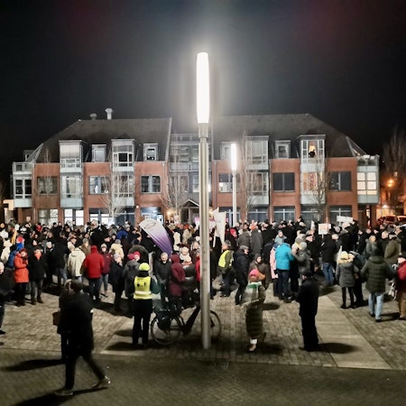 Zu sehen sind etwa 300 Menschen bei einer Kundgebung.