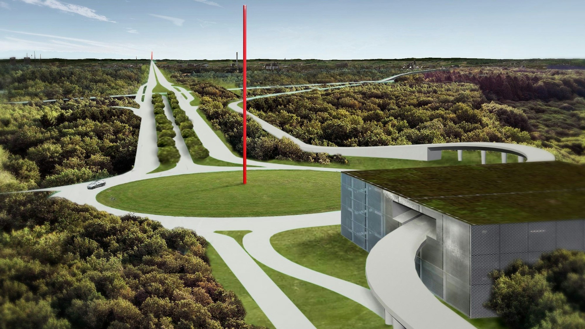 Eine Simulation zeigt den Kölner Verteilerkreis mit einer roten Stele in der Mitte.