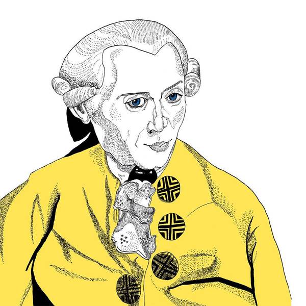 Illustration von Immanuel Kant in Schwarz und Gelb.