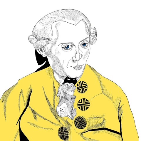 Illustration von Immanuel Kant in Schwarz und Gelb.