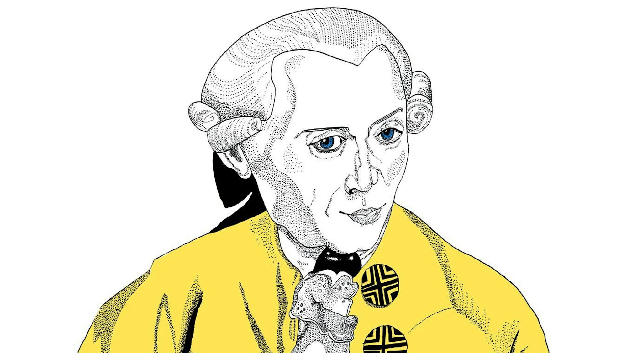Illustration von Immanuel Kant in Schwarz und Gelb.