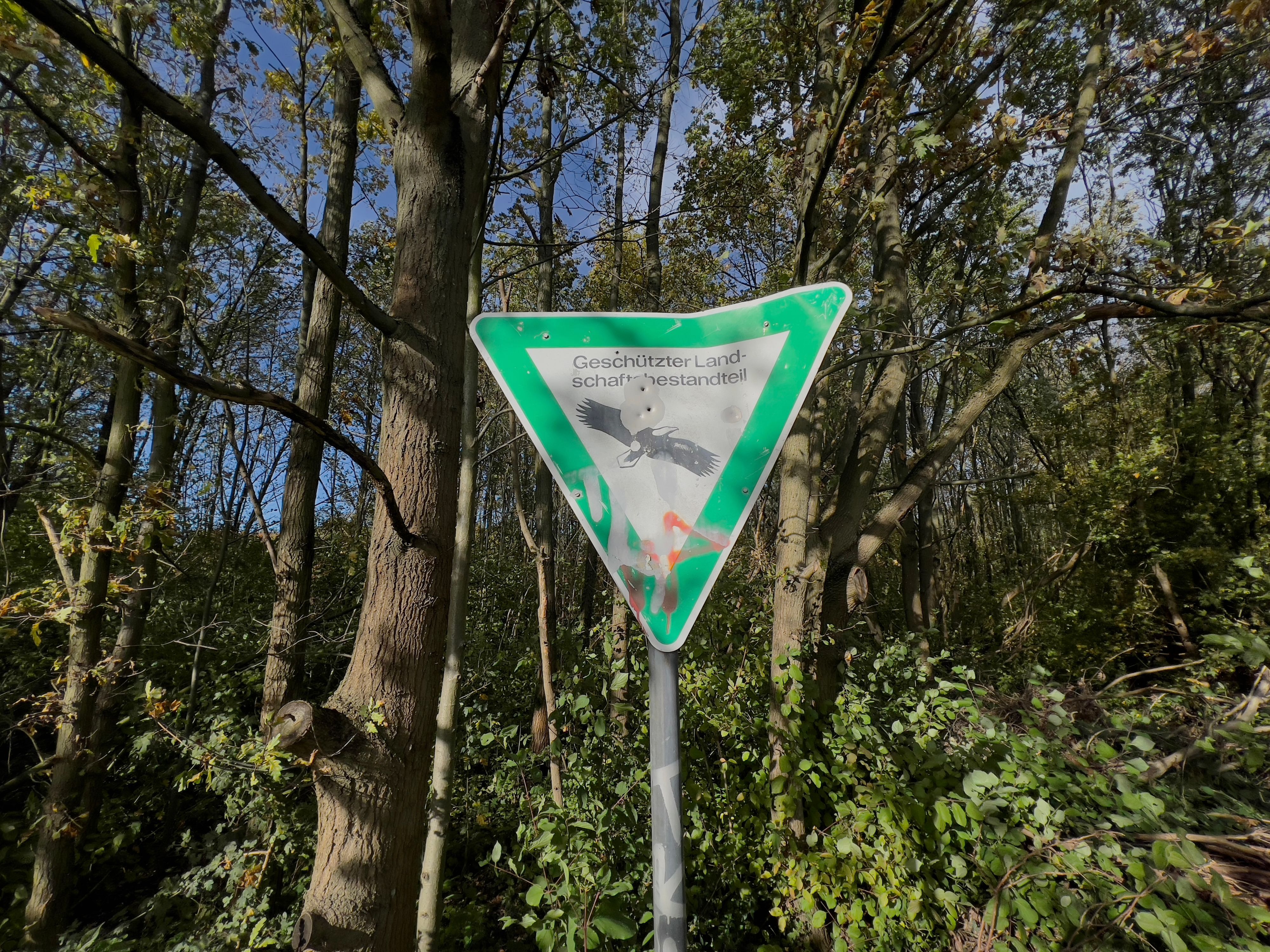 Ein Schild in einem Wald.