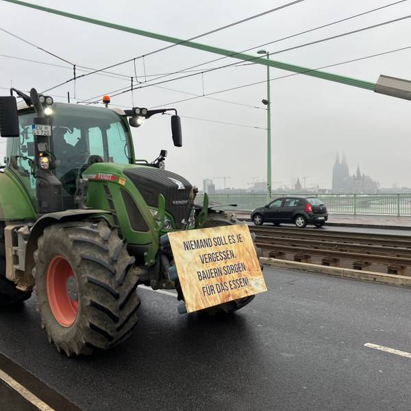 Der Zug der Landwirte hat die Severinsbrücke erreicht.