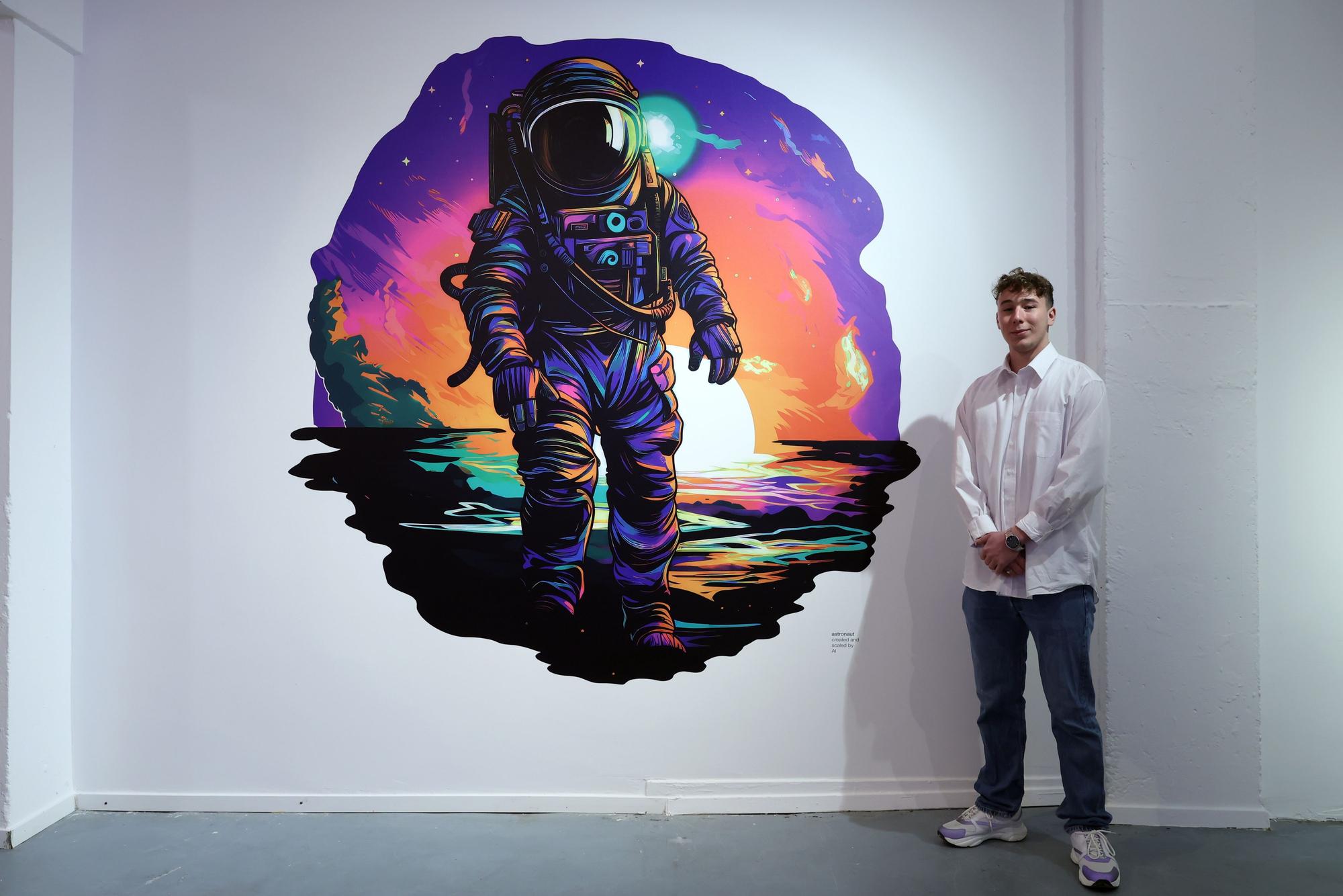 Zwei Meter hohes und breites gedrucktes Wandbild, das einen Astronauten abbildet.
