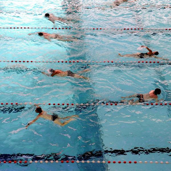 Schwimmer ziehen Bahnen.