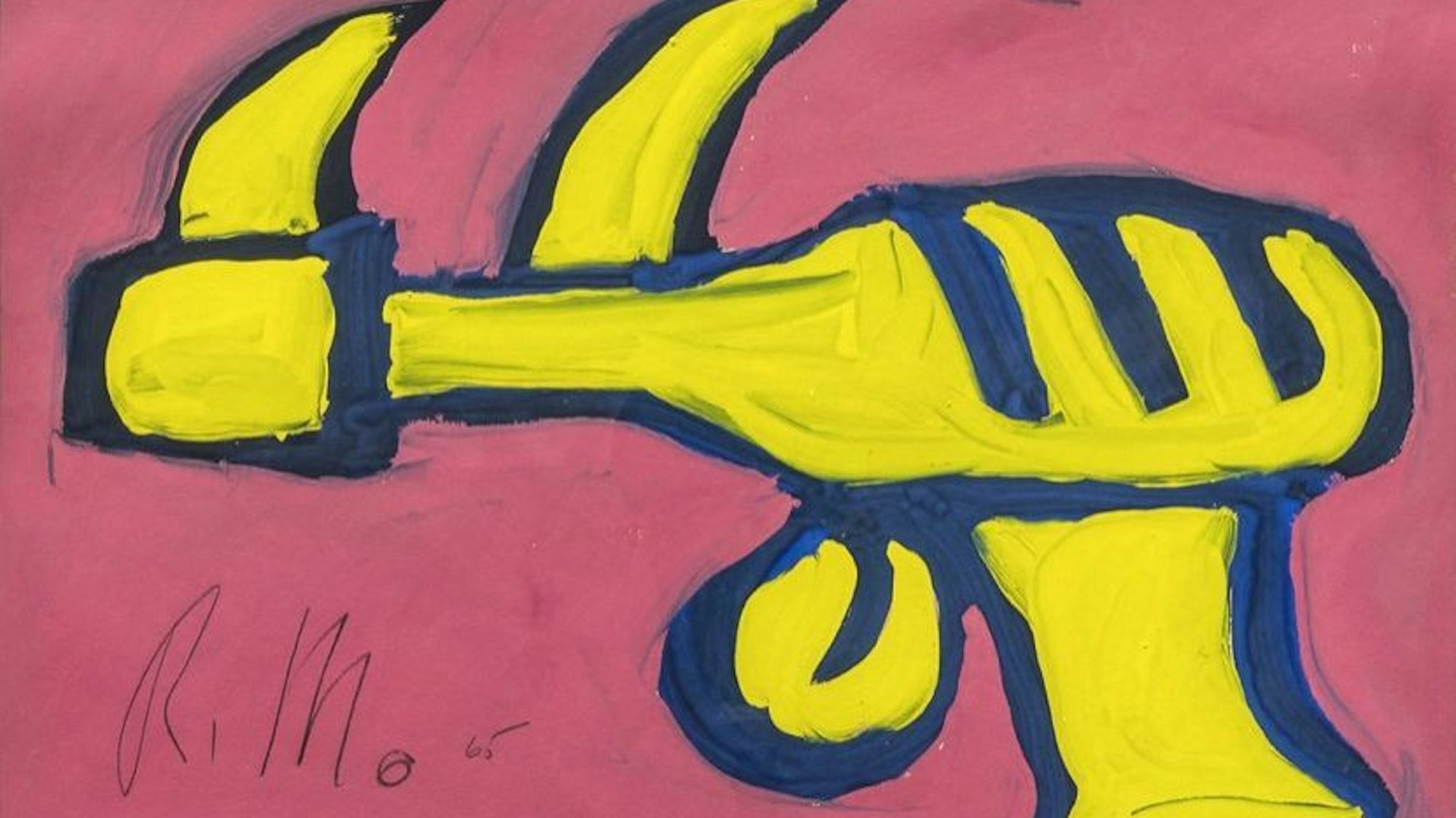 Eine gelbe Pistole vor rotem Hintergrund