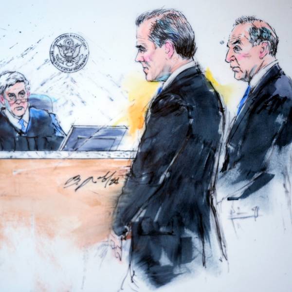 11.01.2024, USA, Los Angeles: Die Zeichnung aus dem Gerichtssaal zeigt US-Präsident Bidens Sohn Hunter Biden (M) neben seinem Anwalt Abbe Lowell (r) vor Richter Mark C. Scarsi im Bundesgericht in Los Angeles. Foto: Bill Robles/AP/dpa - ACHTUNG: Nur zur redaktionellen Verwendung und nur mit vollständiger Nennung des vorstehenden Credits +++ dpa-Bildfunk +++