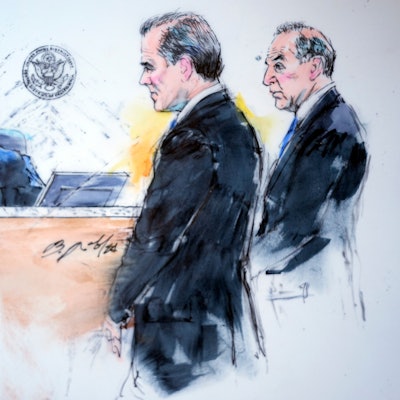 11.01.2024, USA, Los Angeles: Die Zeichnung aus dem Gerichtssaal zeigt US-Präsident Bidens Sohn Hunter Biden (M) neben seinem Anwalt Abbe Lowell (r) vor Richter Mark C. Scarsi im Bundesgericht in Los Angeles. Foto: Bill Robles/AP/dpa - ACHTUNG: Nur zur redaktionellen Verwendung und nur mit vollständiger Nennung des vorstehenden Credits +++ dpa-Bildfunk +++