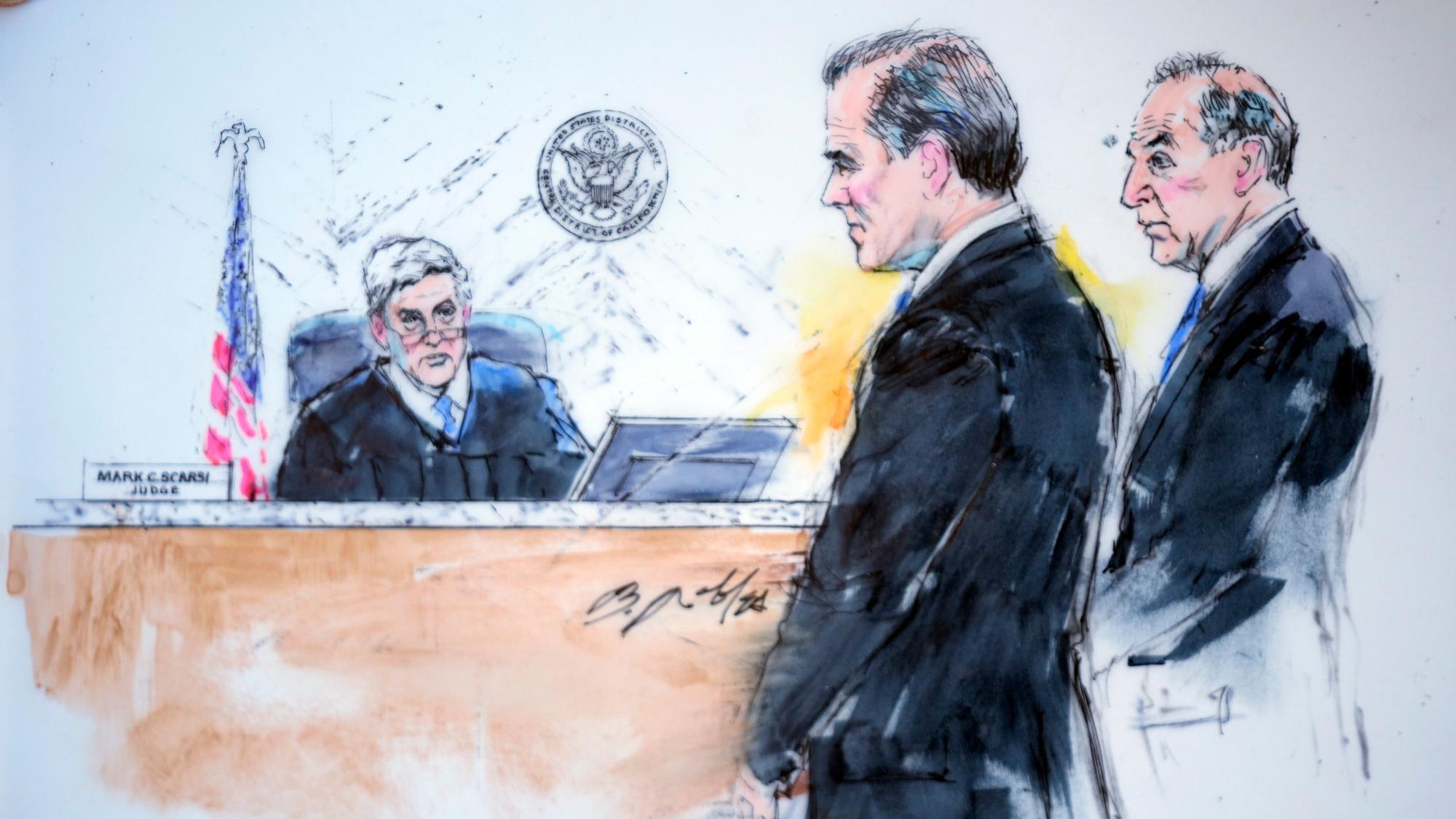 11.01.2024, USA, Los Angeles: Die Zeichnung aus dem Gerichtssaal zeigt US-Präsident Bidens Sohn Hunter Biden (M) neben seinem Anwalt Abbe Lowell (r) vor Richter Mark C. Scarsi im Bundesgericht in Los Angeles. Foto: Bill Robles/AP/dpa - ACHTUNG: Nur zur redaktionellen Verwendung und nur mit vollständiger Nennung des vorstehenden Credits +++ dpa-Bildfunk +++