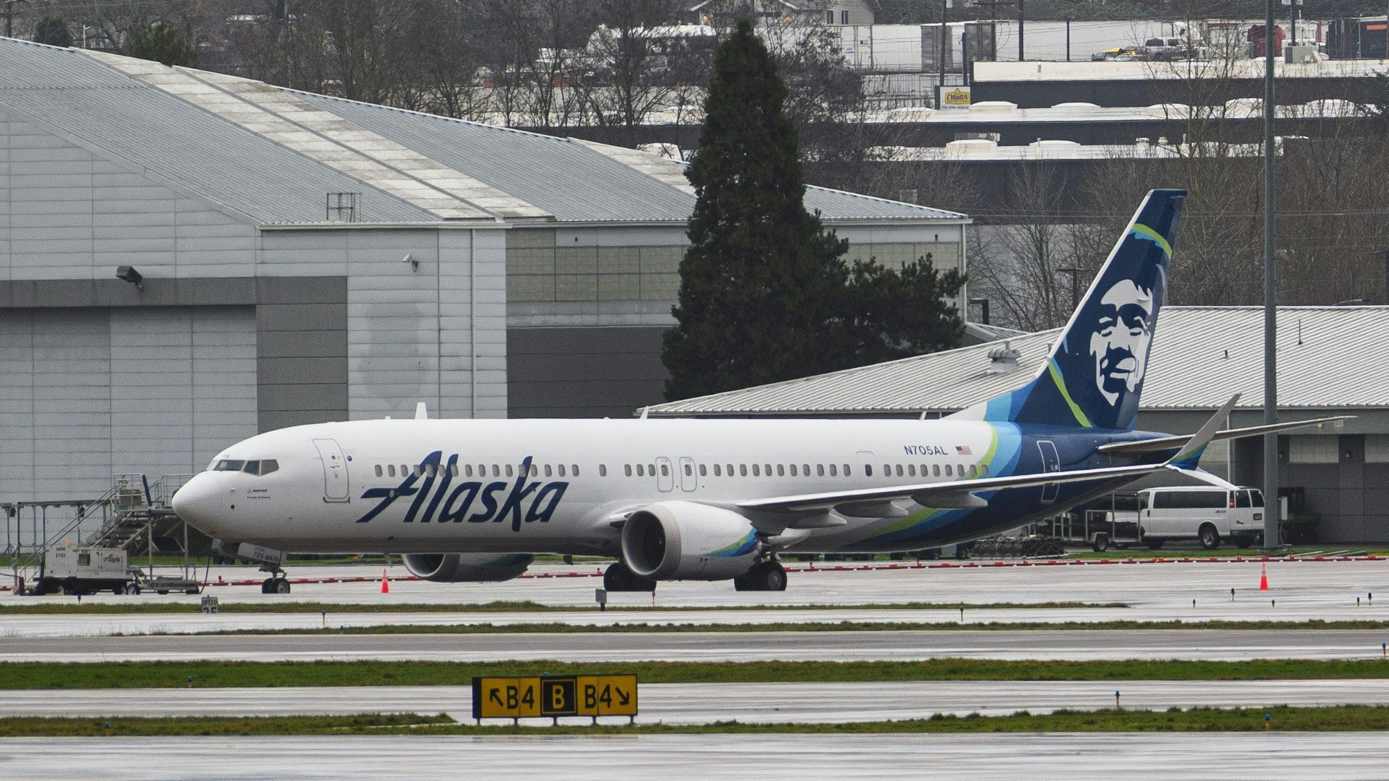 (FILES) Alaska Airlines Boeing 737 MAX 9 aircraft N705AL is seen grounded at Portland International Airport on January 9, 2024 in Portland, Oregon. Boeing is still in fact-finding mode following Friday's near-catastrophic aviation incident, searching for "what broke down" in its processes, Chief Executive Dave Calhoun said January 10, 2024. (Photo by Mathieu Lewis-Rolland / GETTY IMAGES NORTH AMERICA / AFP)