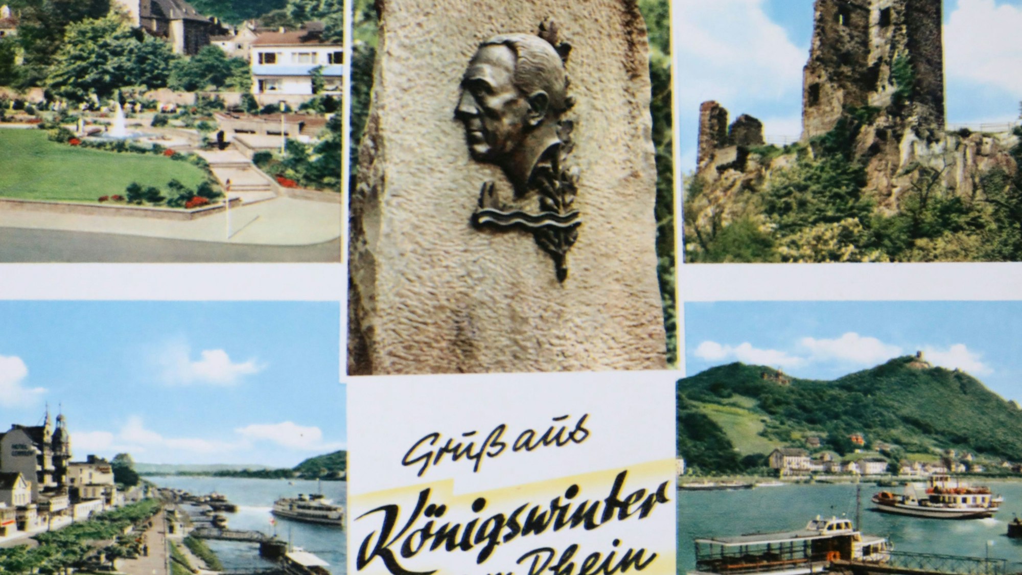 Eine historische Postkarte aus Königswinter zeigt Sehenswürdigkeiten wie die Rheinpromenade oder den Drachenfels, aber auch das Willi-Ostermann-Denkmarl