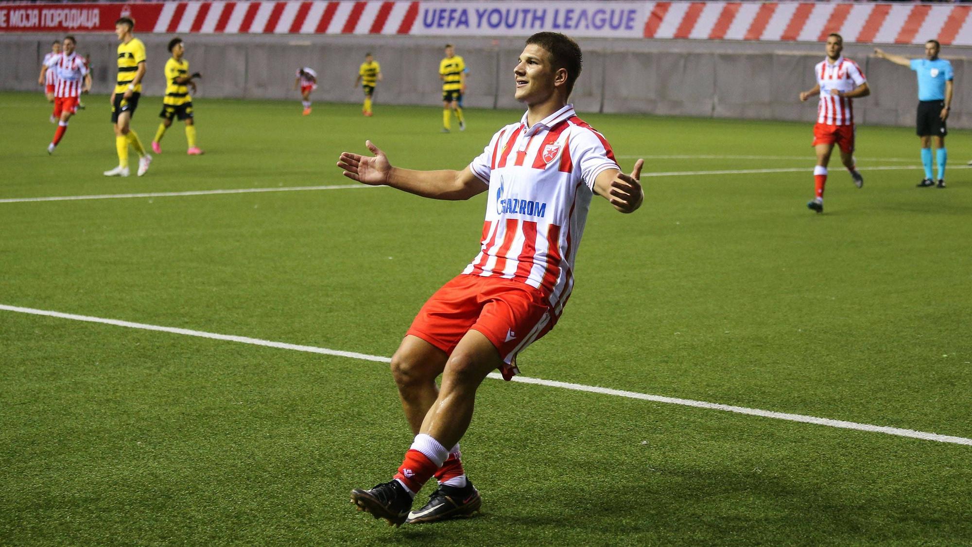RECORD DATE NOT STATED 04.10.2023 BelgradeSerbia FK Crvena ZvezdaRed Star-FC Young Boys youth league men s football Jovan Mijatovic Crvena ZvezdaRed Star celebrate scored goal :S.Sandic/