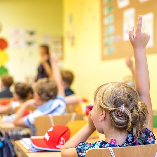 Eine erste Klasse mit Kindern, die aufzeigen.