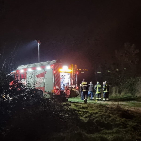 Die Feuerwehr leuchtet ein Wiesengrundstück in Rath-Heumar aus, auf dem Hundekadaver und verwahrloste Tiere gefunden wurden.