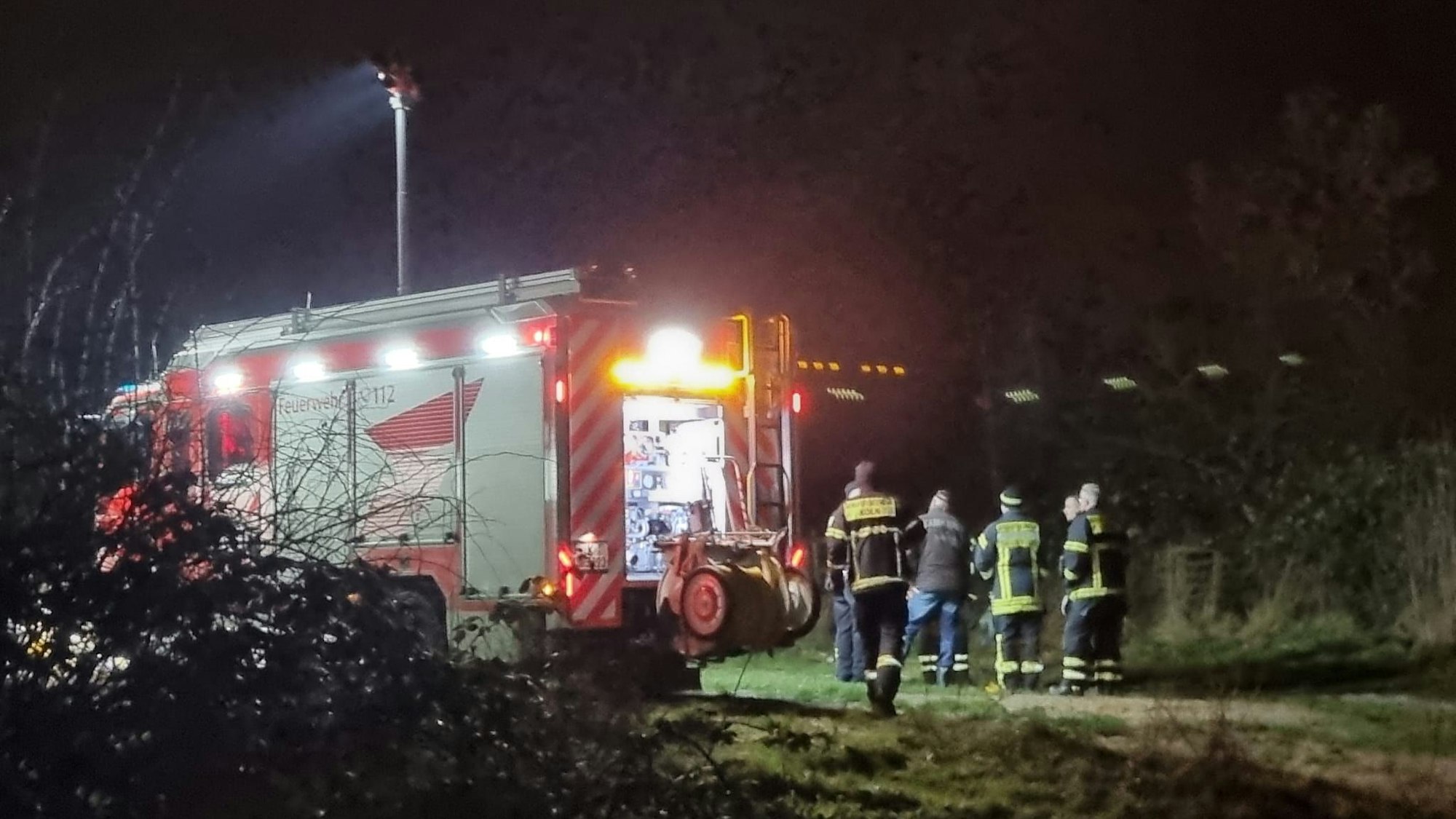Die Feuerwehr leuchtet ein Wiesengrundstück in Rath-Heumar aus, auf dem Hundekadaver und verwahrloste Tiere gefunden wurden.