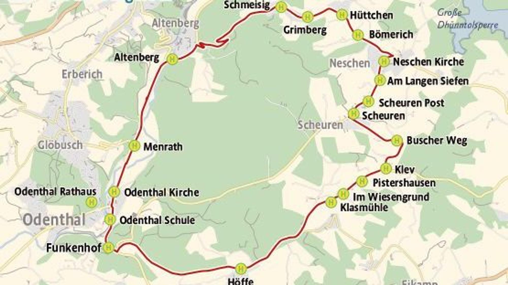 Karte der Linienführung des Bürgerbusses Odenthal von Odenthal über Altenberg, Neschen, Scheuren und zurück nach Altenberg.