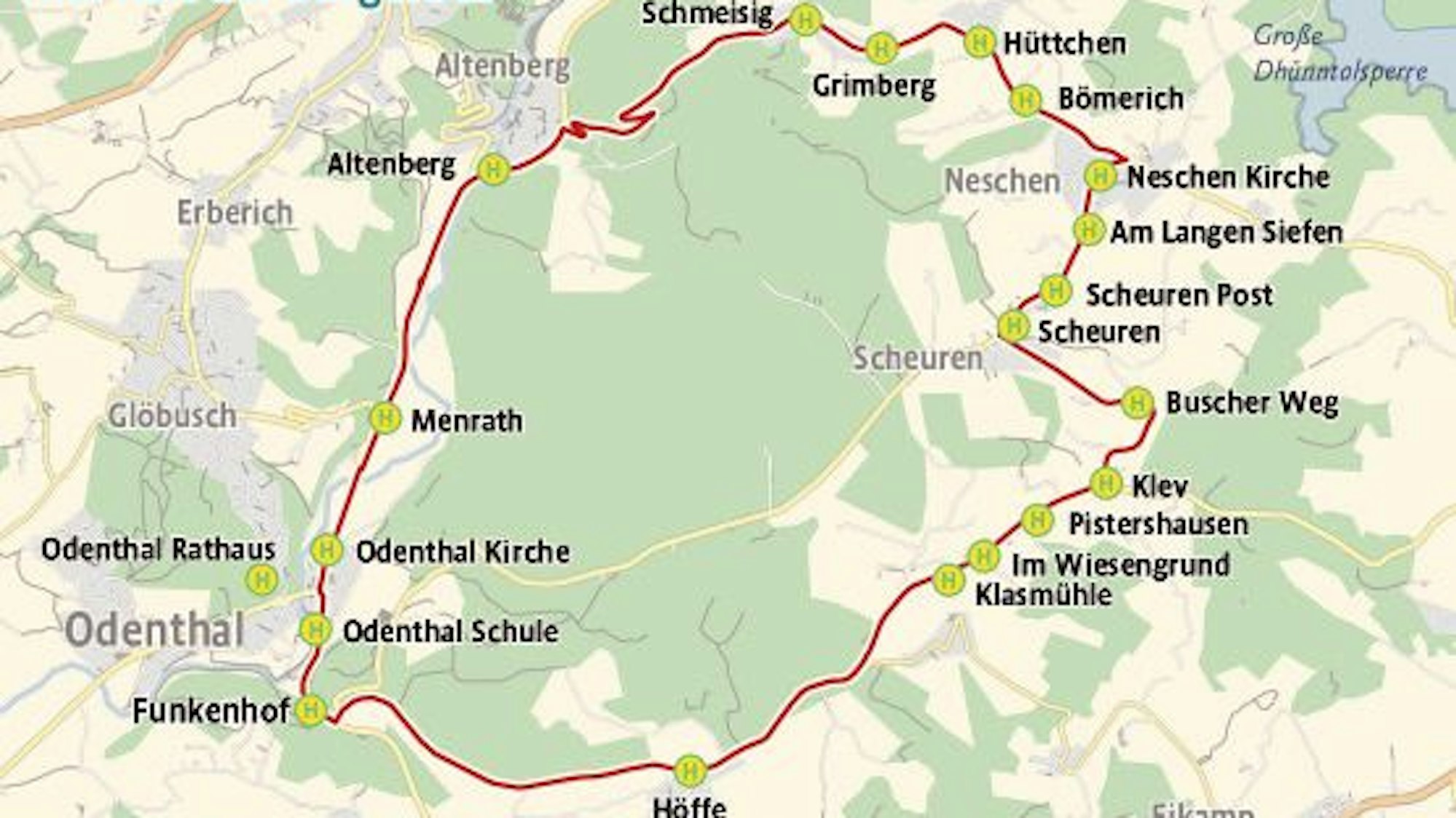 Karte der Linienführung des Bürgerbusses Odenthal von Odenthal über Altenberg, Neschen, Scheuren und zurück nach Altenberg.