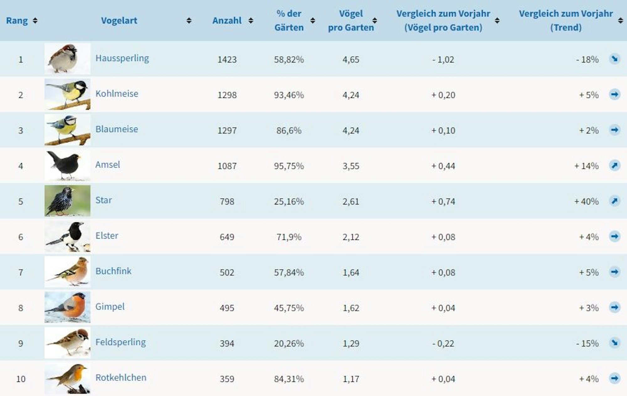 Eine Tabelle mit der Übersicht der Top-10 der Wintervögel in Oberberg.